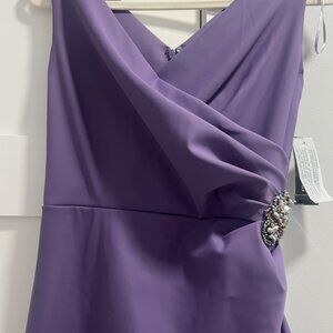 NWB Alex Evenings  V- Neck Sleeveless Ruched Brooch Sheath Dress Icy Orchis